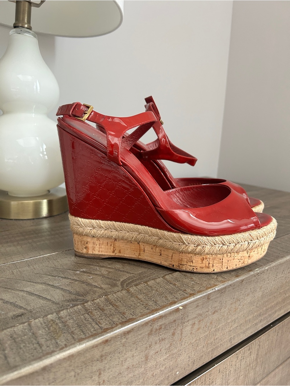 Gucci Red Patent Espadrille Wedge Sandals with Cork Platform